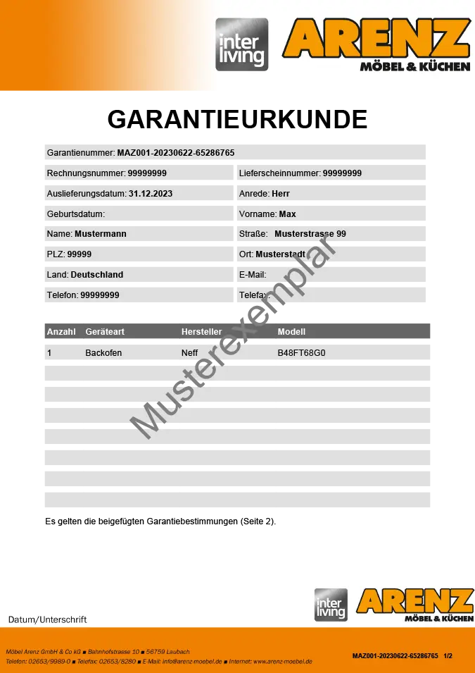 Muster-Garantieurkunde